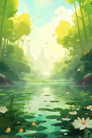 绿色荷花池温馨插画背景