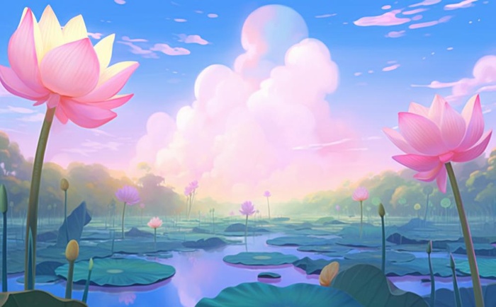 夏日荷花池塘天空插画背景(1392x864)