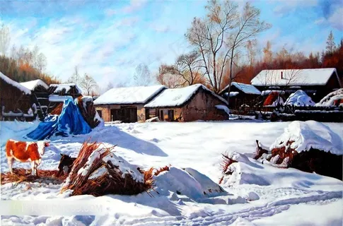 冬日乡村油画风景图片 冬日乡村油画风景图片