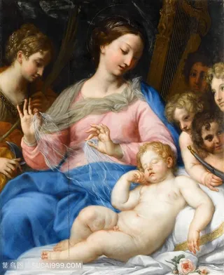 卡洛 · 马拉蒂，圣婴耶稣与音乐天使的沉睡油画图片