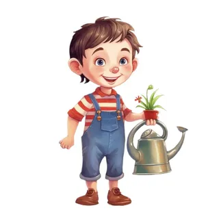 小男孩拿着水壶水桶浇水绿植草人物插画免抠