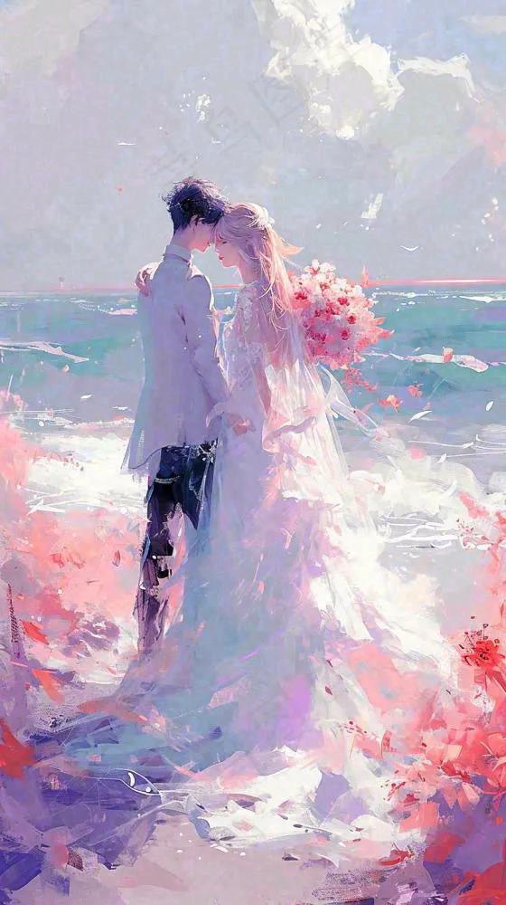 海边爱情情侣浪漫拥抱接吻，情人节婚纱照手绘插画(816x1456)