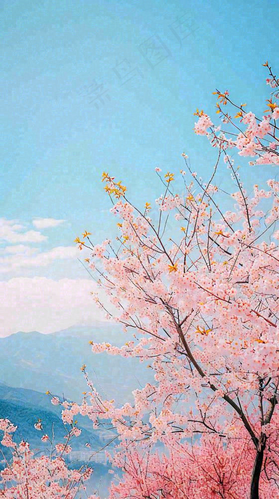 春天山河边蓝天粉色樱花花朵，惊蛰立春