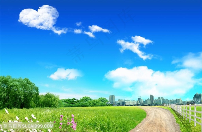 唯美蓝天白云小路风景图片