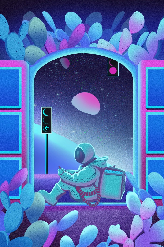 赛博蓝色科技感宇宙元扁平风颗粒感插画psd模版下载