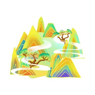 中国风国潮山水插画祥云中式手绘烫金线条元素png装饰背景PSD素材