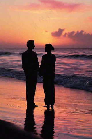 落日海边沙滩情侣散步，爱情520情人节婚纱照