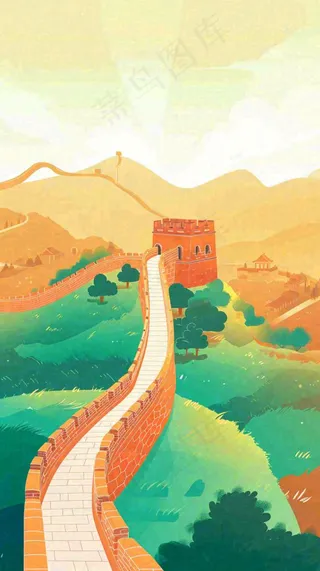 万里长城中国历史建筑扁平插画手绘，简约大气中国风