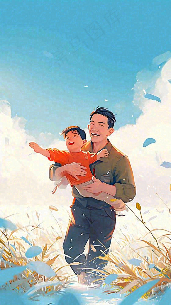 父亲节田间农村孩子游玩欢乐陪伴，父爱父子温馨插画(816x1456)