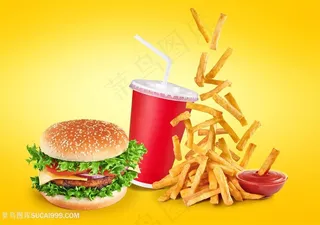 黄色背景的汉堡薯条和可乐快餐