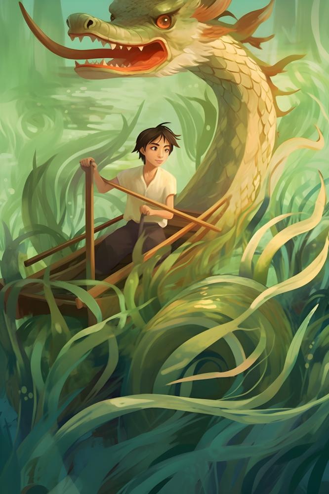 水上划船龙舟水草卡通插画背景