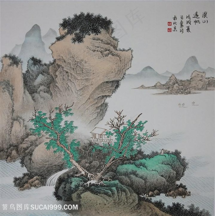 王军河工笔山水传统山水皴法国画界画《溪山远帆》