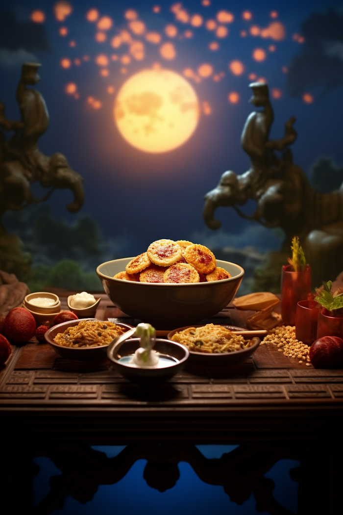 中秋月圆夜晚下餐桌上的美食月饼摄影图(2688x4032)