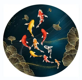 九鱼图荷花圆形装饰画图片