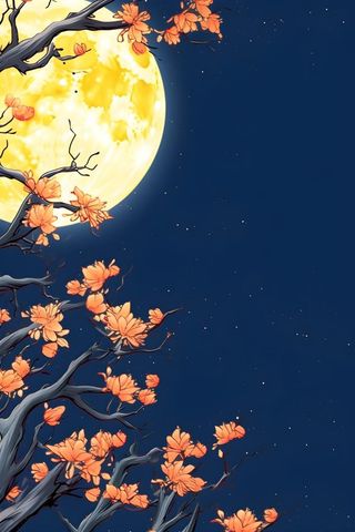 蓝天月光枝叶小鸟国风背景