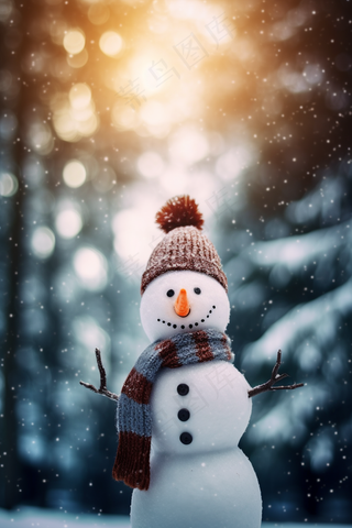 冬天阳光雪人白雪飘飘摄影图