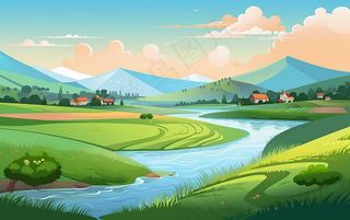 乡村村庄美丽风景河流插画农田插画背景