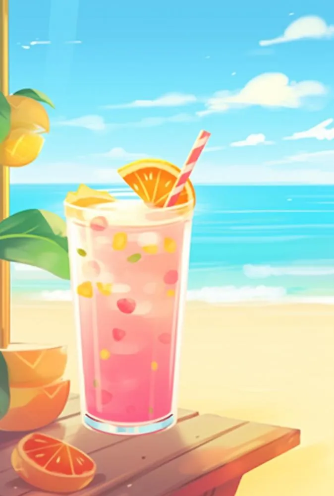 夏日沙滩饮料天空插画背景(896x1328)