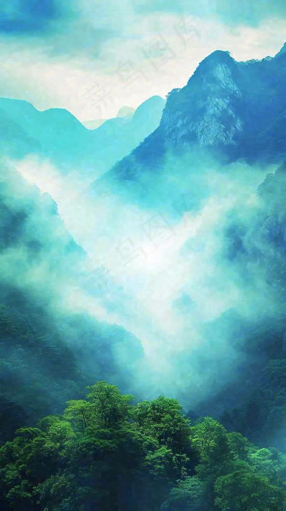 中国风高山绿植森林丛林，阳光蓝天白云，户外(816x1456)