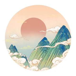 中国风国潮山水插画祥云中式手绘烫金线条元素png装饰背景PSD素材