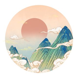 中国风国潮山水插画祥云中式手绘烫金线条元素png装饰背景PSD素材