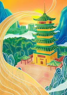 中国风国潮烫金仙鹤山水古建筑风景装饰插画背景PSD分层设计素材