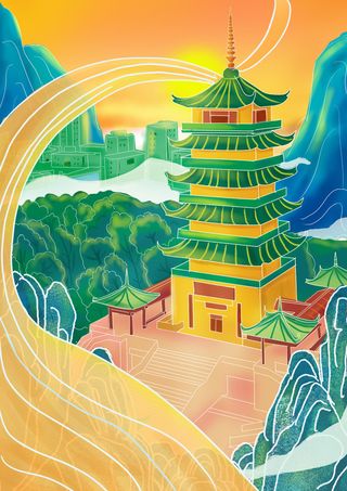 中国风国潮烫金仙鹤山水古建筑风景装饰插画背景PSD分层设计素材