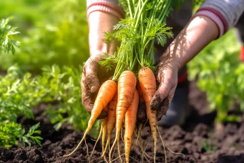 蔬菜农民手捧着刚拔出来的胡萝卜摄影图