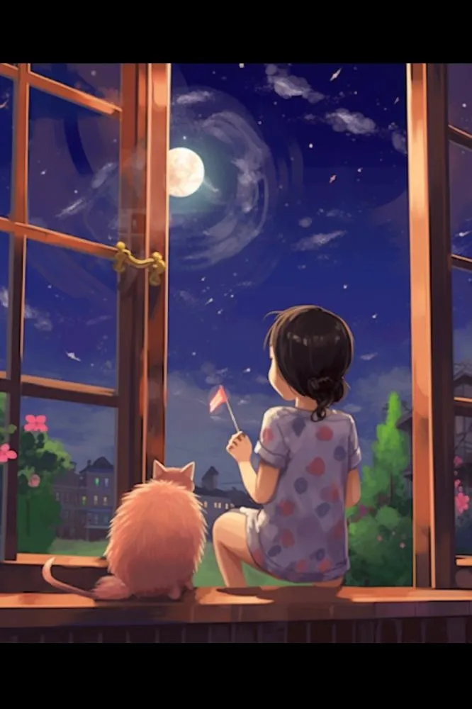 夜晚坐着窗边赏月的女孩猫插画背景(896x1344)