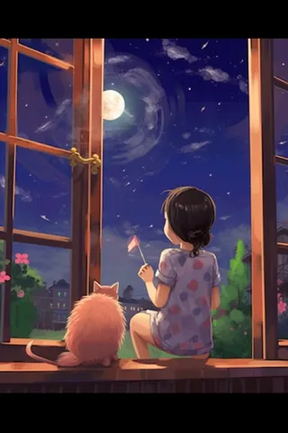 夜晚坐着窗边赏月的女孩猫插画背景