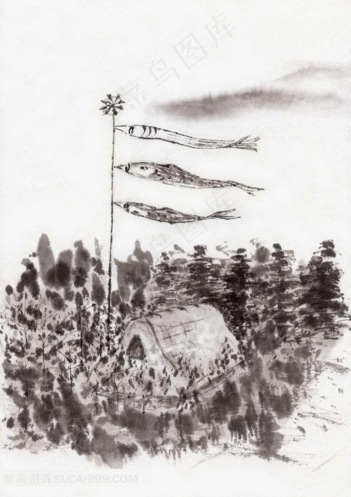 房屋水墨画图片