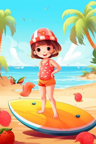 冲浪板女孩海边游泳背景