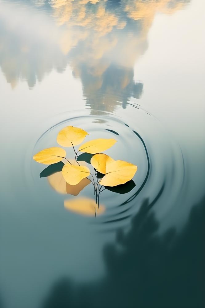 水面黄色秋叶树叶意境背景(2400x3600)