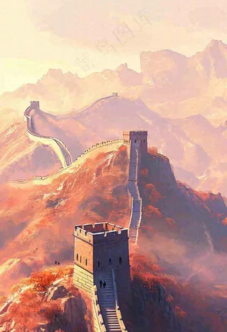 万里长城古风中国风古代建筑落日晚霞插画