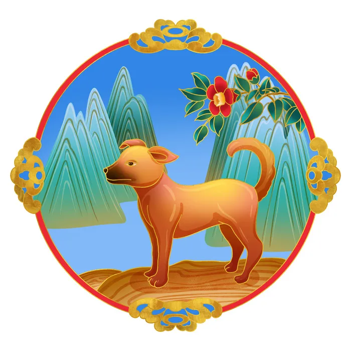 中国风国潮十二生肖狗手绘烫金插画春节剪纸元素PSD设计素材psd模版下载