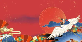 手绘仙鹤纸扇国潮风展板背景