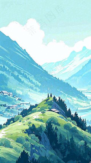 蓝天白云连绵山脉小溪河流小屋，阳光晴天