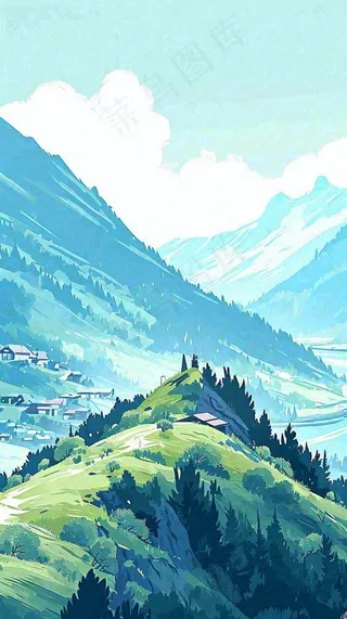 蓝天白云连绵山脉小溪河流小屋，阳光晴天