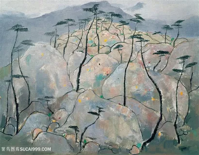 吴冠中手绘水墨山脉树木装饰画