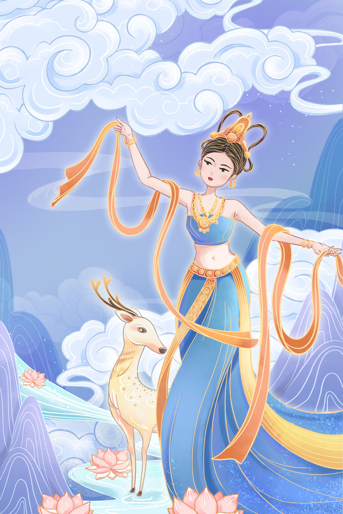复古中国风国潮神话人物敦煌插画仙女手绘海报背景PSD设计素材psd模版下载