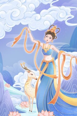复古中国风国潮神话人物敦煌插画仙女手绘海报背景PSD设计素材