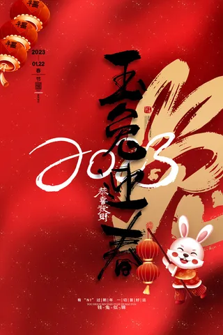 喜庆兔年2023玉兔迎春新年海报
