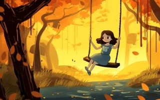 秋天女孩在树上荡秋千黄色落叶插画背景