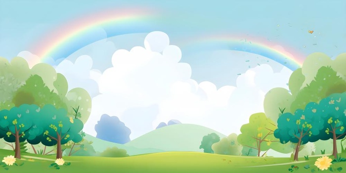 春天蓝天白云彩虹树林草坪手绘插画风景海报素材背景(6144x3072)