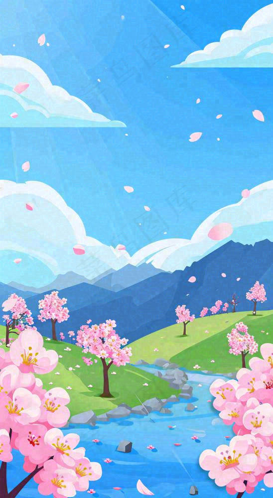 春天浪漫粉色樱花山脉河流蓝天白云清新手绘扁平插画，立春惊蛰(816x1488)
