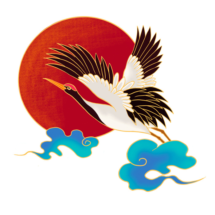 中国风国潮仙鹤山水插画手绘元素场景PSD设计素材