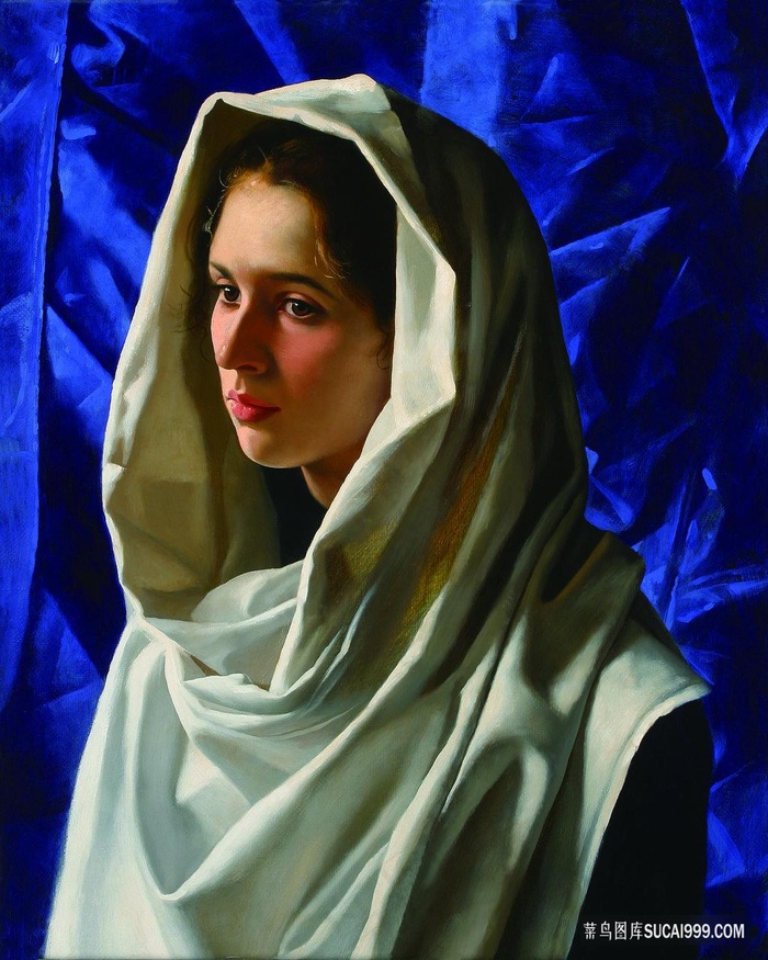 白色盖头女性艺术肖像画