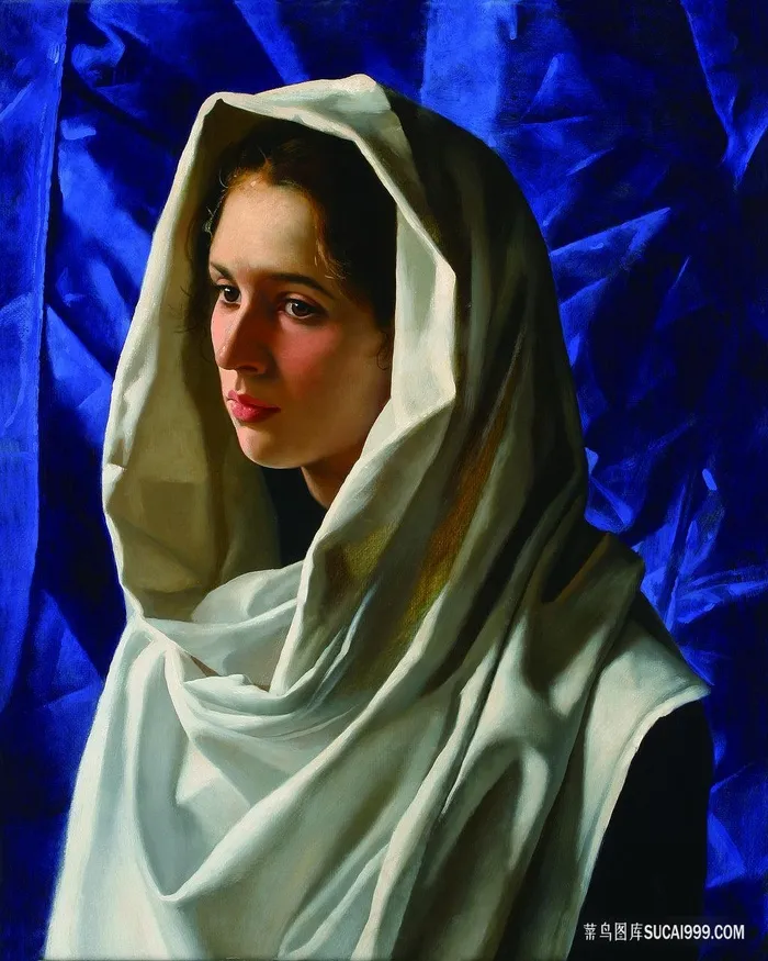 白色盖头女性艺术肖像画