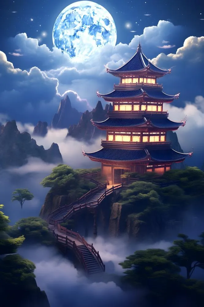 国风蓝色夜晚建筑典雅背景(2400x3600)