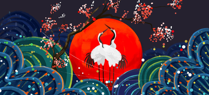 国潮风仙鹤喜鹊凤凰手绘插画